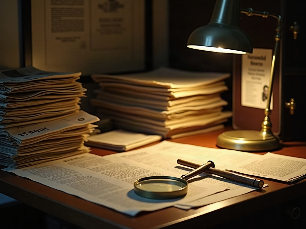 Escritorio de archivo con recortes de diario fuera de foco y una lupa