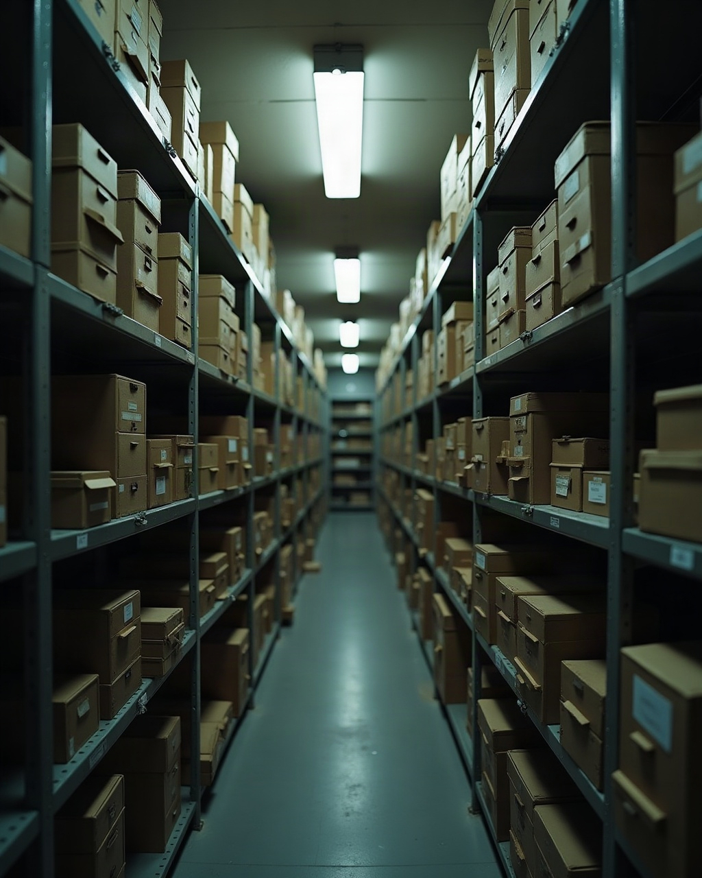 Depósito de archivo estatal con cajas de documentos en estanterías metálicas