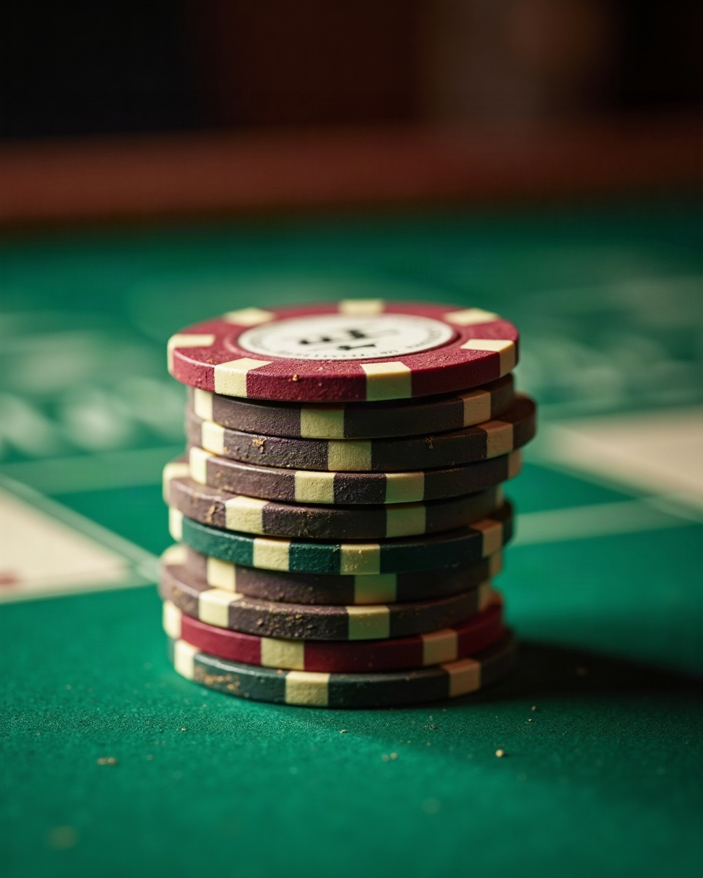 Pila de fichas de casino sobre un paño verde