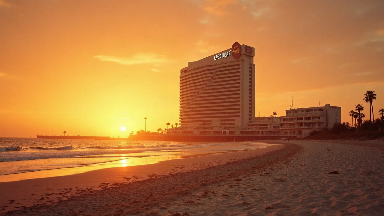Fachada circular de un hotel-casino de los años setenta junto a la costa, al atardecer